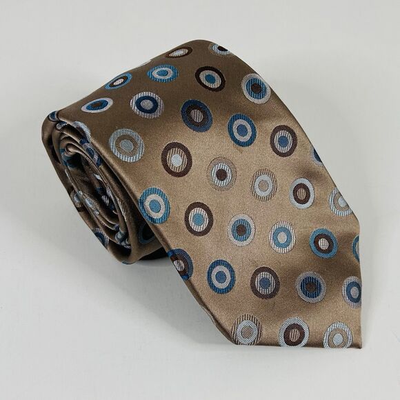 Joseph Abboud 100% Silk Necktie Tie Dot Gold Blue Brown 3 1/2 x 59 3/4 - Picture 1 of 3
